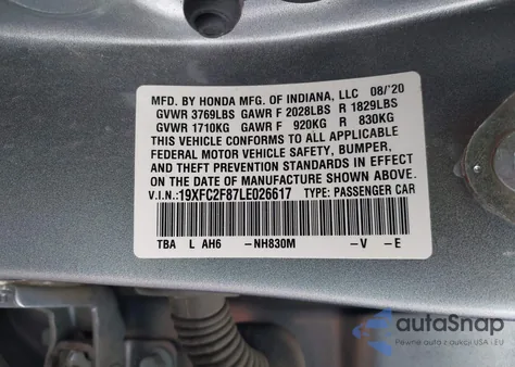 2020 Honda Civic Sport z USA, uszkodzony, nr VIN 19XFC2F87LE026617